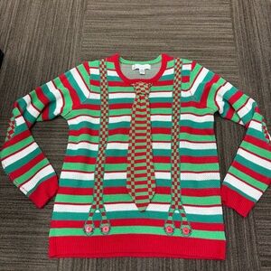 Festive Christmas Striped Crew Neck Sweater Red, Green, White with Tie Buttons